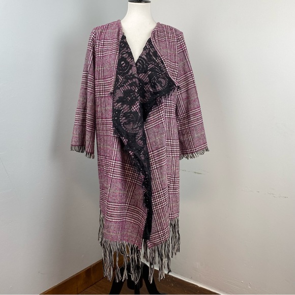 44. NWT Muche Et Muchette Plaid Lace & Wool Open Cardigan with Fringe One Size - Picture 9 of 10